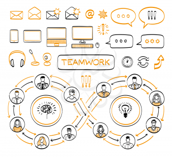 Business doodle concept. Vector hand drawn sketch icons set in black and orange colors. Team work. Connecting people. Isolated on white background.