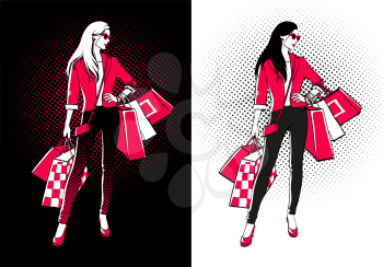 Women with shopping bags. Two versions on blak and white backgrounds. Halftone shadows. Comic style.