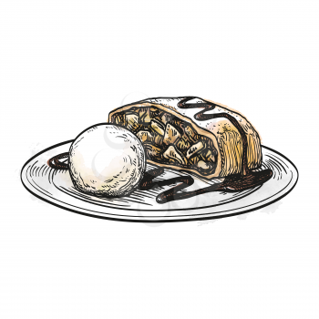 Hand drawn vector illustration of apple strudel with ice cream. Isolated on white background