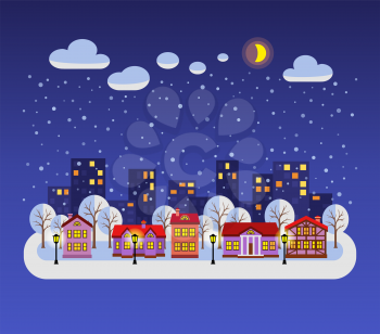 Winter night. Flat style vector illustration of Christmas city. New year and Xmas Holidays design.