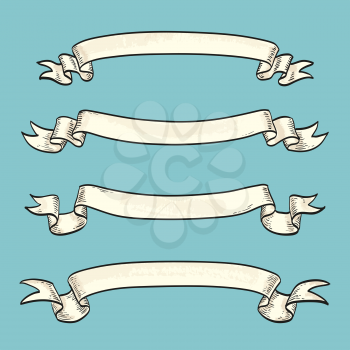 Set of vintage banners. Hand drawn vector illustration. Beige ribbons on blue background
