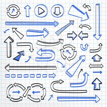 Arrows doodle set on paper background. Hand drawn sketch icons in black and blue colors. Vector illustration. 