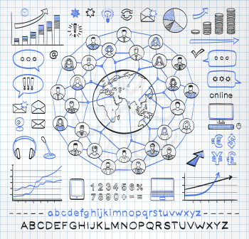 Business doodle concept  on paper background. Connecting people. Global business. Vector hand drawn sketch icons in black and blue colors. Hand drawn letters of alphabet and numbers. 
