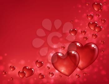 Valentine's day greeting card template. Red background with hearts. Vector illustration.