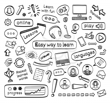 Doodle set of online lessons. Vector hand drawn sketch icons. Isolated on white background.