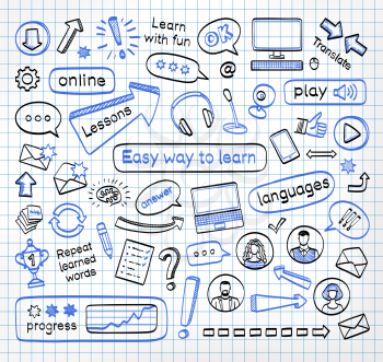 Doodle set of online lessons. Vector hand drawn sketch icons in black and blue colors. Isolated on white background.