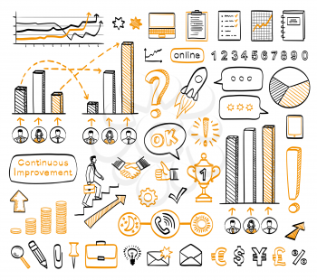 Business doodle set. Vector hand drawn sketch icons in black and orange colors.  Isolated on white background. Infographics.