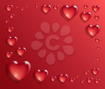 Valentine's day greeting card template. Red background. Hearts that look like drops of water. Vector illustration.