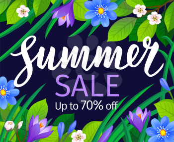 Summer sale banner template. Calligraphic Lettering on floral background. Vector illustration.