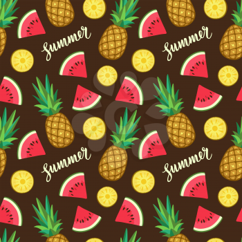 Seamless pattern with pineapple and watermelon. Summer text. Calligraphic lettering.