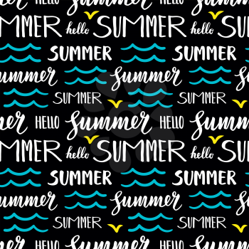 Seamless pattern with Summer text and doodle waves. Calligraphic lettering .