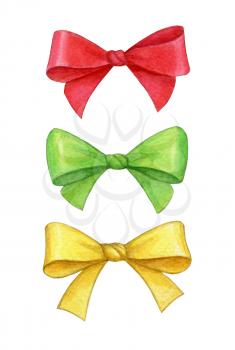 Collection of gift bows isolated on white background. Hand drawn watercolor illustration. New Year and Xmas Holidays design.