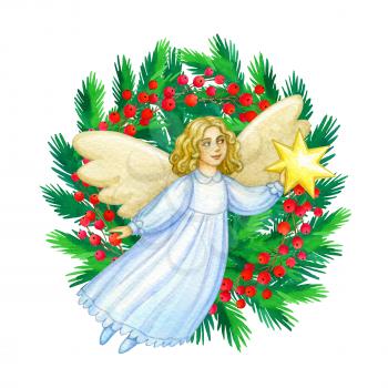 Christmas cute angel. Hand drawn watercolor illustration. Banner template. Greeting card. New Year and Xmas Holidays design.