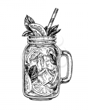 lemonade in mason jar. Retro style ink sketch isolated on white background. Hand drawn vector illustration of mojito.