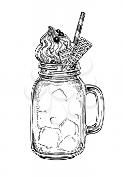 Milkshake in mason jar. Retro style ink sketch isolated on white background. Hand drawn vector illustration.