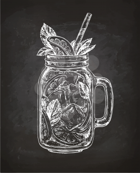 Lemonade in mason jar. Chalk sketch on blackboard background. Hand drawn vector illustration. Retro style.