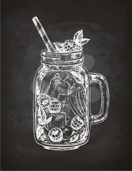 Lemonade with raspberry in mason jar. Chalk sketch on blackboard background. Hand drawn vector illustration. Retro style.