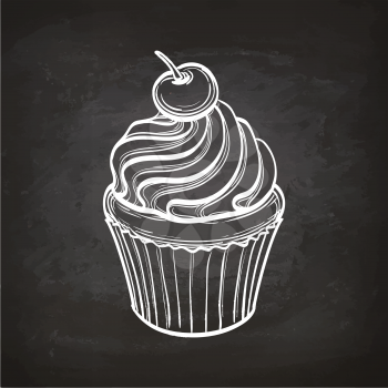 Cupcakes with cream and cherry. Retro style sketch on chalkboard. Hand drawn vector illustration.