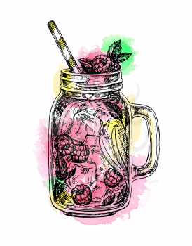 lemonade with raspberry in mason jar. Retro style ink sketch with watercolor spots isolated on white background. Hand drawn vector illustration.