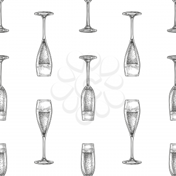 Seamless pattern with glasses of champagne. Ink sketch isolated on white background. Hand drawn vector illustration. Retro style.