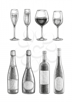 Bottles and glasses with champagne and wine. Big set. Ink sketch isolated on white background. Hand drawn vector illustration. Retro style.