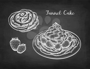 Funnel cake with strawberries and whipped cream. Chalk sketch on blackboard background. Hand drawn vector illustration. Retro style.