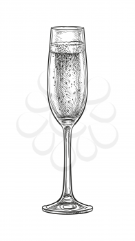 Glass of champagne. Ink sketch isolated on white background. Hand drawn vector illustration. Retro style.