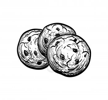 Chocolate chip cookies. Ink sketch isolated on white background. Hand drawn vector illustration. Retro style.