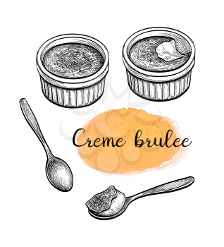 Creme brulee. Ink sketch isolated on white background. Hand drawn vector illustration. Retro style.