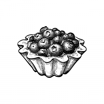 Fruit tart with fresh blueberries. Ink sketch isolated on white background. Hand drawn vector illustration. Retro style.