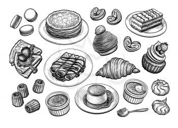 French desserts and pastries. Dig set. Collection of ink sketches isolated on white background. Hand drawn vector illustration. Retro style.