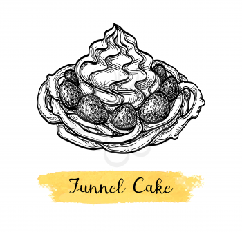 Funnel cake with strawberries and whipped cream. Ink sketch isolated on white background. Hand drawn vector illustration. Retro style.