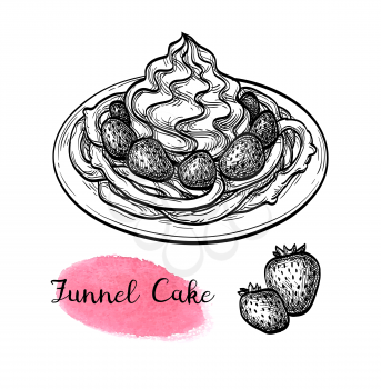 Funnel cake with strawberries and whipped cream. Ink sketch isolated on white background. Hand drawn vector illustration. Retro style.