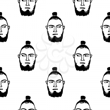 Seamless pattern. Man with samurai hairstyle and beard. Hipster style portrait. Doodle sketch. Hand drawn vector illustration of funny character.