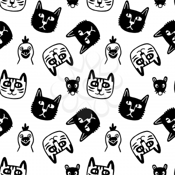 Seamless pattern with cute animals. Doodle sketches of pets. Hand drawn vector illustration of funny characters.