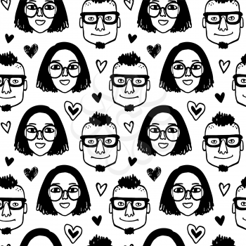 Seamless pattern. Hipster style portraits and hearts. Doodle sketches. Hand drawn vector illustration of funny characters. Valentine's day background.