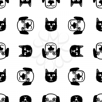 Seamless pattern with cute cats and dogs. Doodle sketches of pets. Hand drawn vector illustration of funny characters.