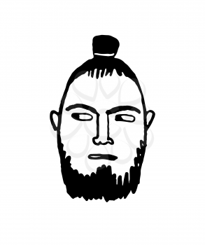 Man with samurai hairstyle and beard. Hipster style portrait. Doodle sketch. Hand drawn vector illustration of funny character.