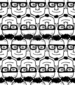Seamless pattern with hipster face. Man with glasses and stylish haircut. Doodle sketch. Hand drawn vector illustration of funny character.