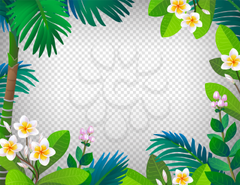 Blooming rainforest. Tropical plants and flowers. Summer background. Banner template.
