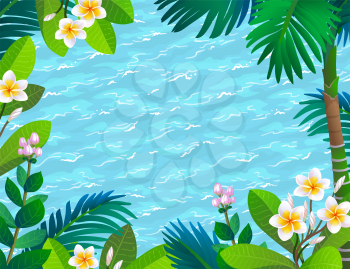 Sea waves and blooming rainforest. Tropical plants and flowers. Summer background. Banner template.