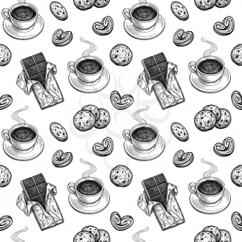 Seamless pattern with cups of tea or coffee and desserts. Ink sketches on white background. Hand drawn vector illustration. Retro style.