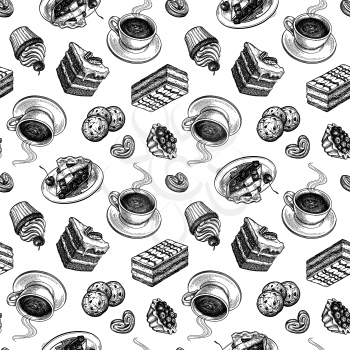 Seamless pattern with cups of tea or coffee and desserts. Ink sketches on white background. Hand drawn vector illustration. Retro style.
