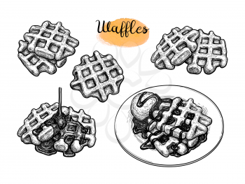 Set of ink sketches. Waffles with syrup and ice cream. Hand drawn vector illustration isolated on white background. Retro style.