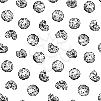 Seamless pattern with cookies and palmiers. Ink sketch on white background. Hand drawn vector illustration. Retro style.