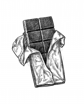 Bar of dark chocolate. Ink sketch isolated on white background. Hand drawn vector illustration. Retro style. 