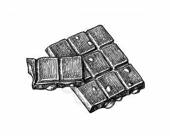 Bar of milk chocolate with hazelnuts. Ink sketch isolated on white background. Hand drawn vector illustration. Retro style. 