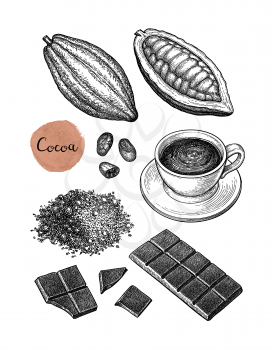 Cocoa and chocolate set. Ink sketch isolated on white background. Hand drawn vector illustration. Retro style. 