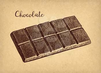 Bar of dark chocolate. Ink sketch on old paper background. Hand drawn vector illustration. Retro style. 