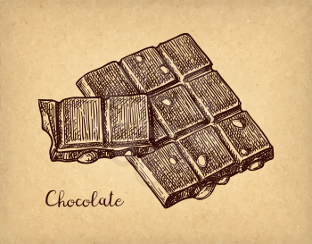 Bar of milk chocolate with hazelnuts. Ink sketch on old paper background. Hand drawn vector illustration. Retro style. 